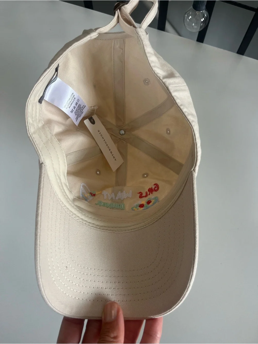 Anthropologie Cream Baseball Cap “Girls want Dinner Parties”